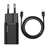 Baseus Travel Charger set Super Si 1C QC (With Simple Wisdom Cable Type-C to Lightning 1m) 20W EU Black (TZCCSUP-B01) (BASTZCCSUP-B01) | ΚΑΛΩΔΙΑ & ADAPTORS στο smart-tech.gr