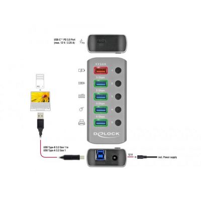 DELOCK hub 5x USB + 1x Type-C PD με διακόπτες 63263, 5Gbps, 2.4A, γκρι | CARD READERS στο smart-tech.gr