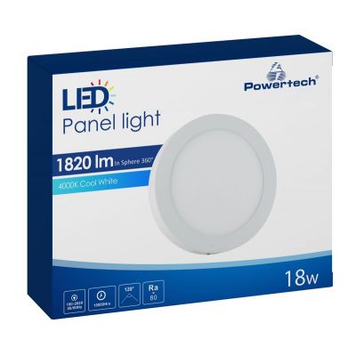 POWERTECH LED panel PAN-0002, 18W, Φ 22.5cm, 4000K, 1820lm, λευκό | Λάμπες - Λαμπτήρες - Φωτιστικά στο smart-tech.gr