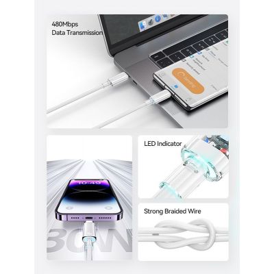 USAMS καλώδιο Lightning σε USB-C US-SJ659, 30W, 480Mbps, 1.2m, λευκό | Καλώδια USB-C (Type-C) στο smart-tech.gr