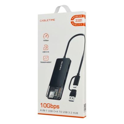 CABLETIME USB hub CT-HUBT5-PB, 4x θυρών, 10Gbps, USB/USB-C σύνδεση, μαύρο | CARD READERS στο smart-tech.gr