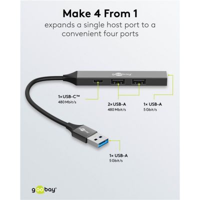 GOOBAY USB hub 74458, 4x θυρών, USB 3.2, 5Gbps, USB σύνδεση, γκρι | CARD READERS στο smart-tech.gr
