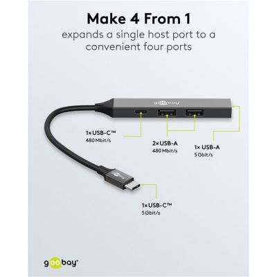 GOOBAY USB hub 74459, 4x θυρών, USB 3.2, 5Gbps, USB-C σύνδεση, γκρι | CARD READERS στο smart-tech.gr