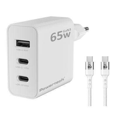 POWERTECH φορτιστής τοίχου PT-1378 με καλώδιο, USB/2x USB-C, 65W, GaN, λευκός | ΦΟΡΤΙΣΤΕΣ / ΤΡΟΦΟΔΟΤΙΚΑ USB στο smart-tech.gr