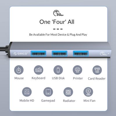 ORICO USB hub AH-13, 4x θυρών, USB 3.0, 5Gbps, USB-C σύνδεση, γκρι | CARD READERS στο smart-tech.gr