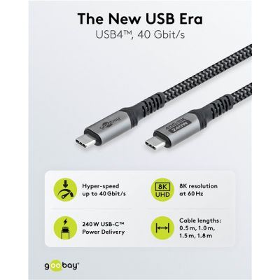 GOOBAY καλώδιο USB-C 74210, USB4, 240W, 40Gbps, 8K/60Hz, 0.50m, γκρι | Καλώδια USB-C (Type-C) στο smart-tech.gr
