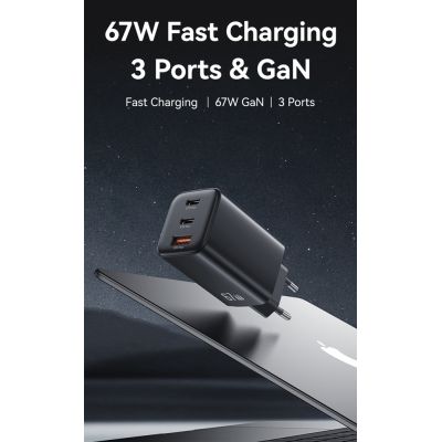USAMS φορτιστής τοίχου CC265, USB & 2x USB-C, 67W, GaN, μαύρος | ΦΟΡΤΙΣΤΕΣ / ΤΡΟΦΟΔΟΤΙΚΑ USB στο smart-tech.gr