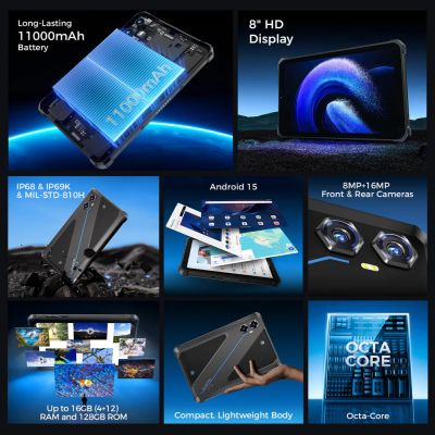 OUKITEL tablet RT3 Plus, 8", 4/128GB, 4G, 11000mAh, IP68/IP69K, μαύρο | TABLETS στο smart-tech.gr