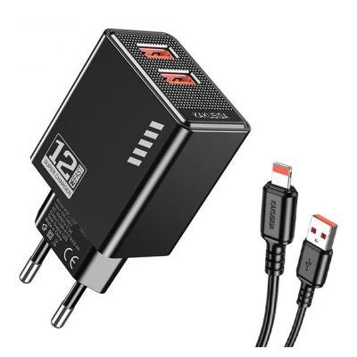 KAKUSIGA φορτιστής τοίχου KSC-1238 με καλώδιο Lightning, 2x USB, 12W, μαύρος | ΦΟΡΤΙΣΤΕΣ / ΤΡΟΦΟΔΟΤΙΚΑ USB στο smart-tech.gr