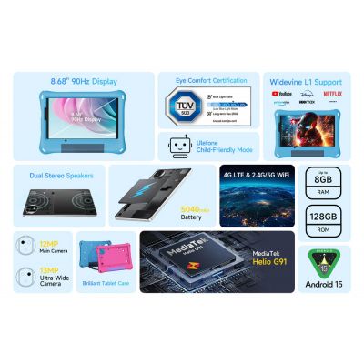 ULEFONE tablet Tab A9 Pro Kids, 8.68", 4/128GB, 4G, Android 15, 5040mAh, μπλε | TABLETS στο smart-tech.gr