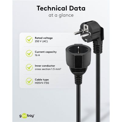 GOOBAY μπαλαντέζα προέκταση ρεύματος 94700, schuko, 3x 1.5mm², 2m, μαύρη | Πολύπριζα - Μπαλαντέζες στο smart-tech.gr