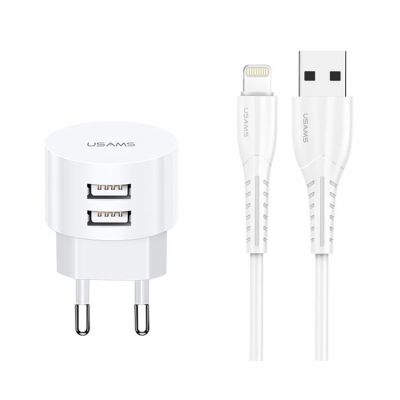 USAMS φορτιστής τοίχου T20 & καλώδιο Lightning, 2x USB, 2.1A, λευκός | ΦΟΡΤΙΣΤΕΣ / ΤΡΟΦΟΔΟΤΙΚΑ USB στο smart-tech.gr